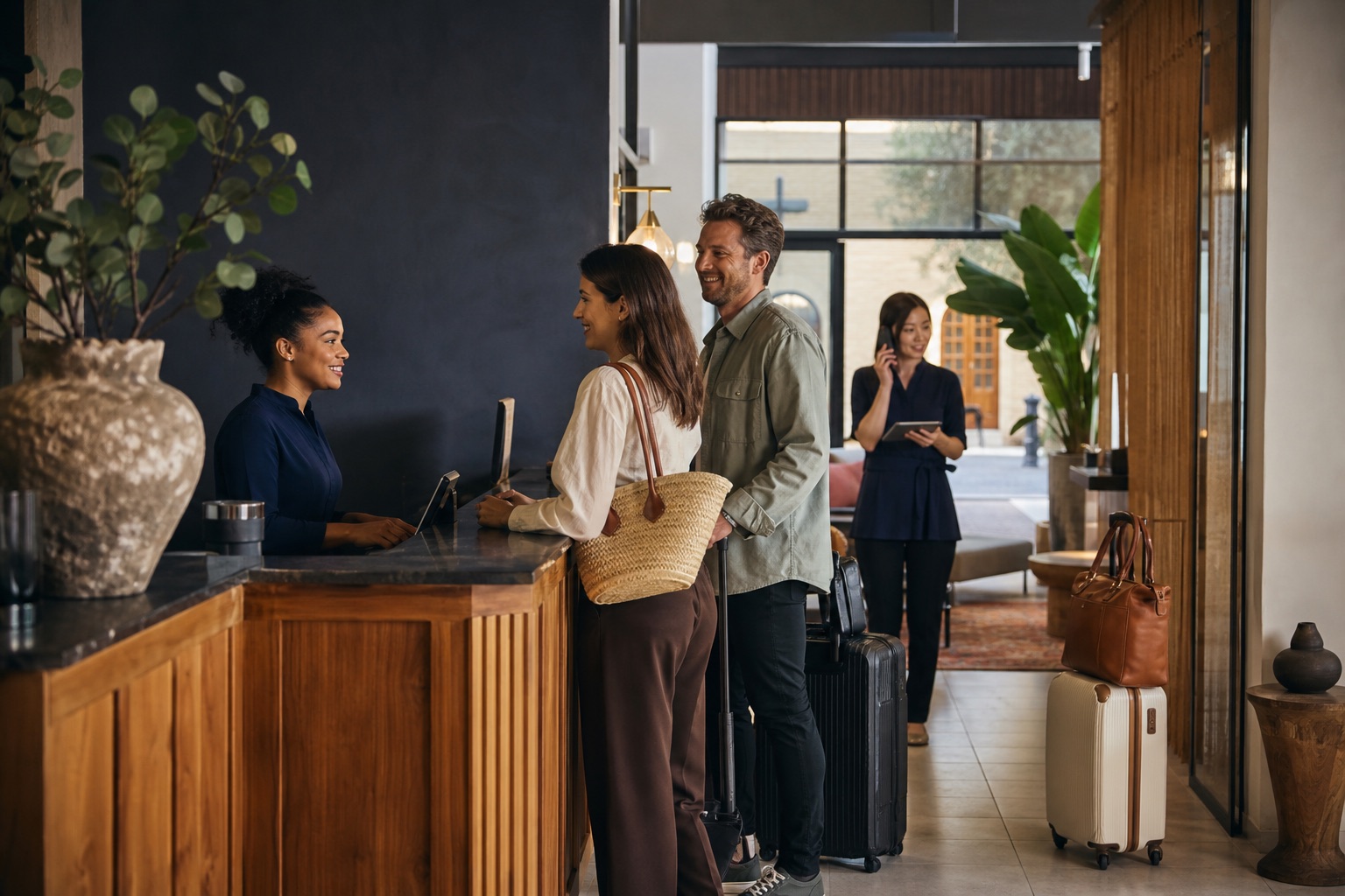 A hospitality team welcoming guests and coordinating service at the front desk