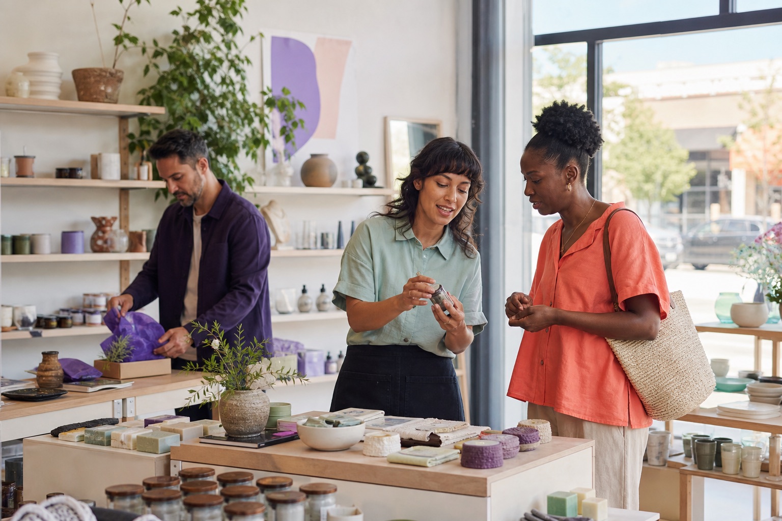 A retail team helping a customer while preparing a local promotion