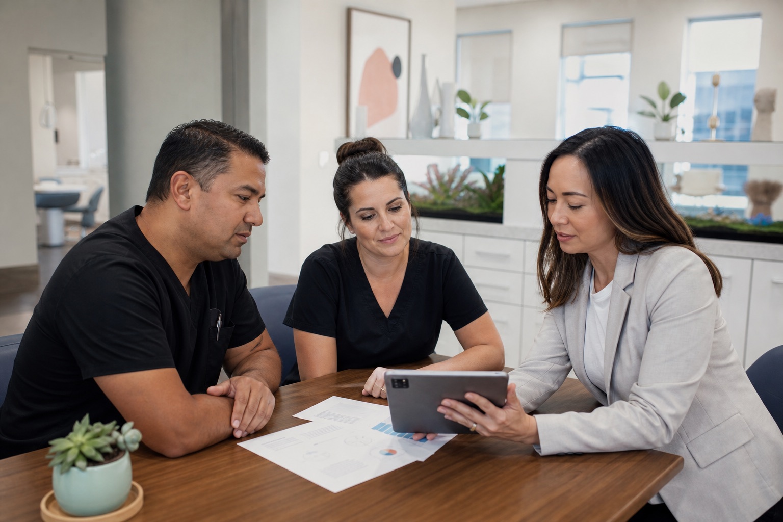 A dental practice team reviewing an online-presence assessment with an adviser