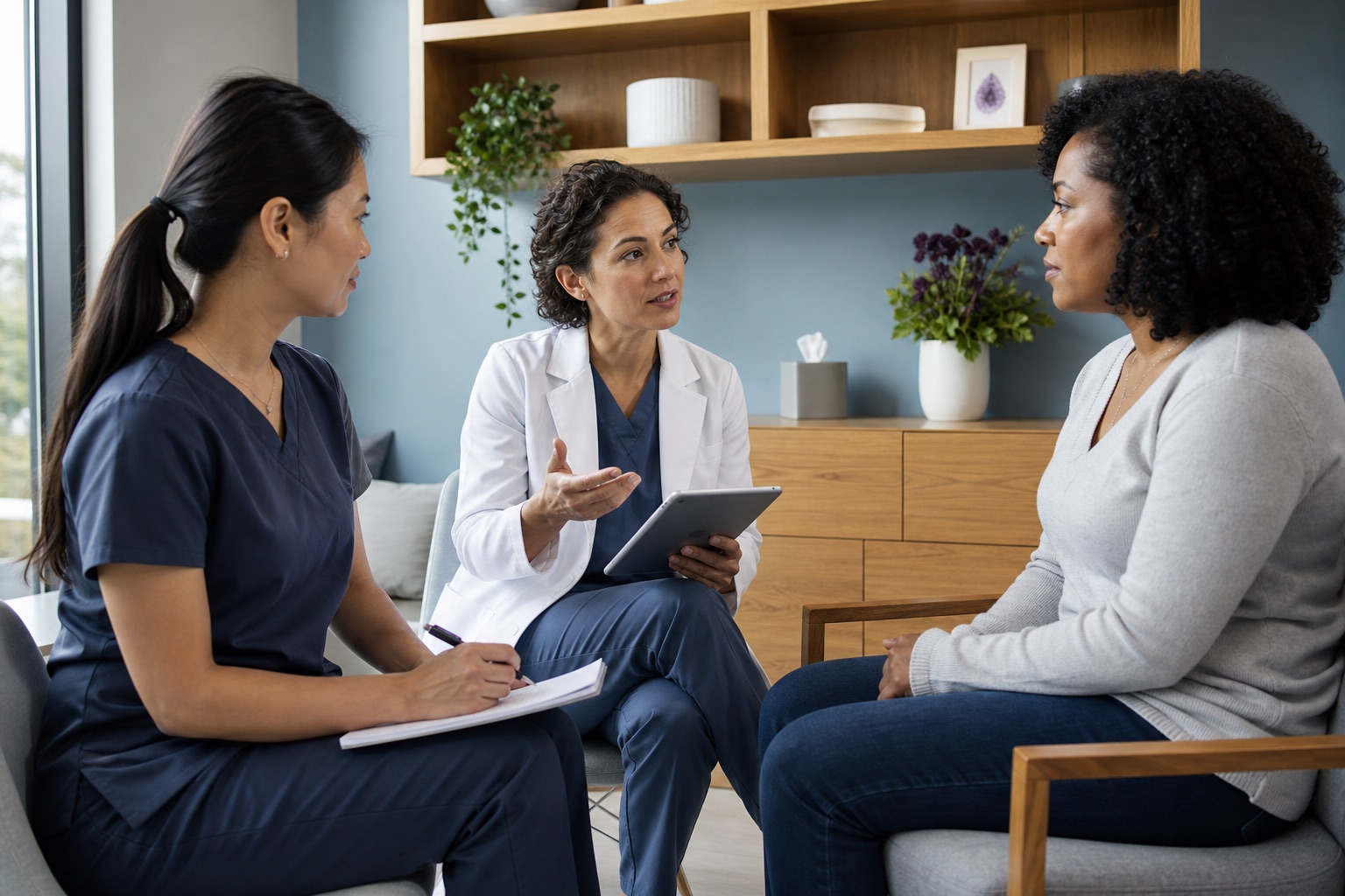 A dentist and assistant listening carefully while discussing aftercare with an adult patient