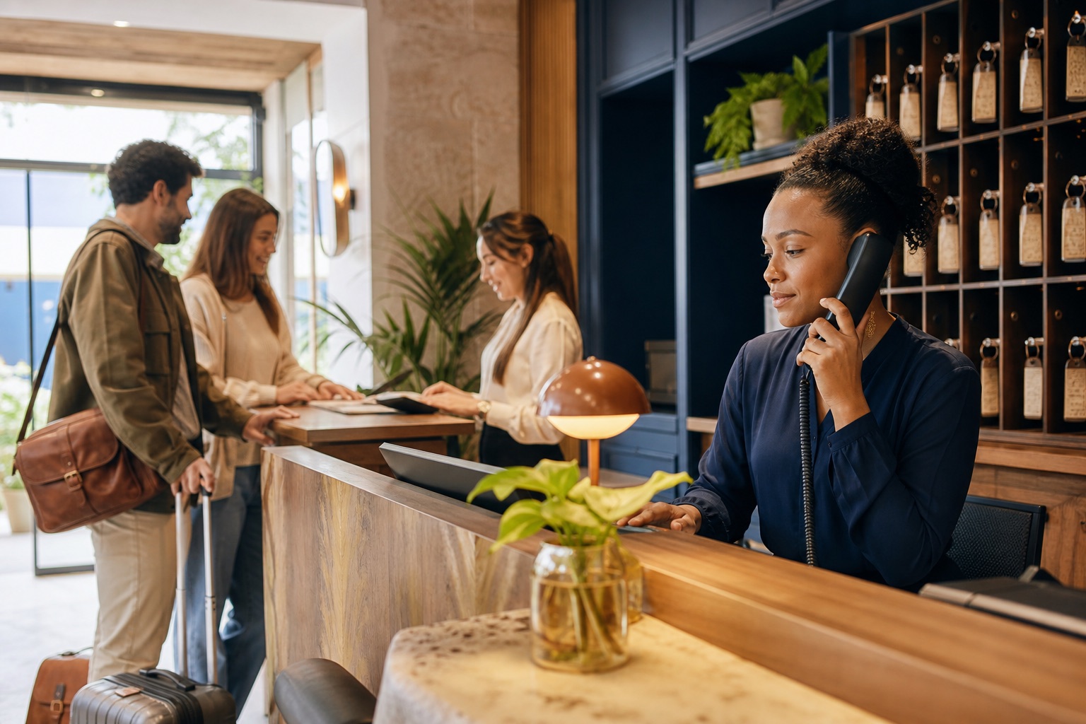 A boutique hotel guest-services professional answering a call while colleagues welcome arriving guests