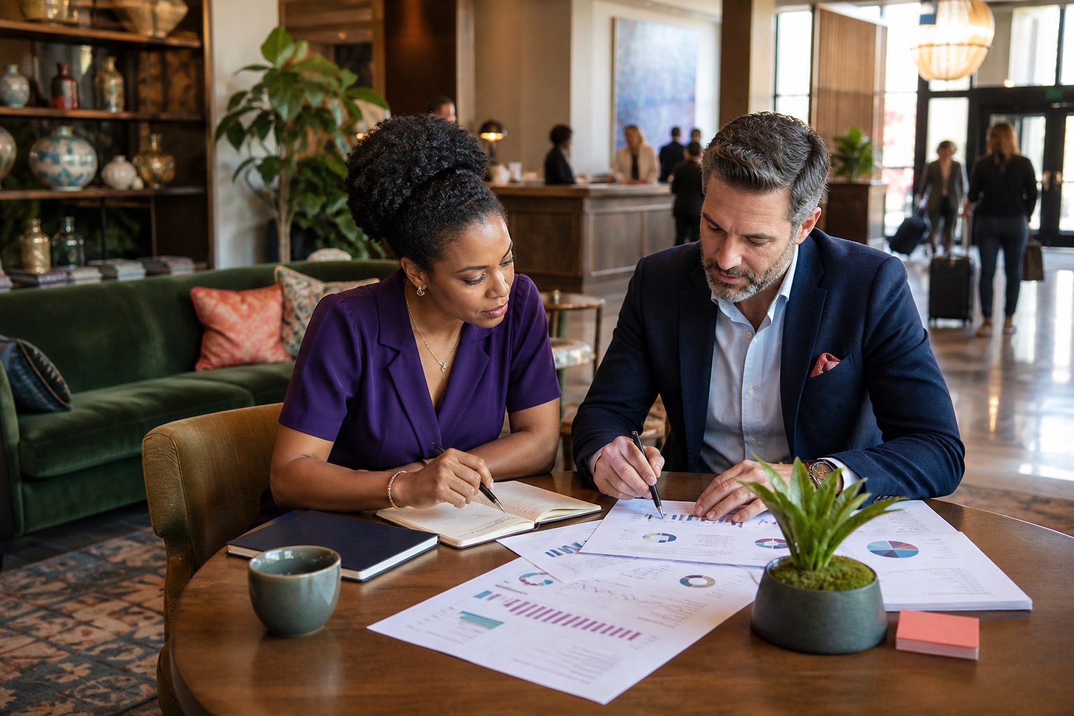 Hospitality leaders reviewing guest feedback and location priorities together in a boutique hotel lobby