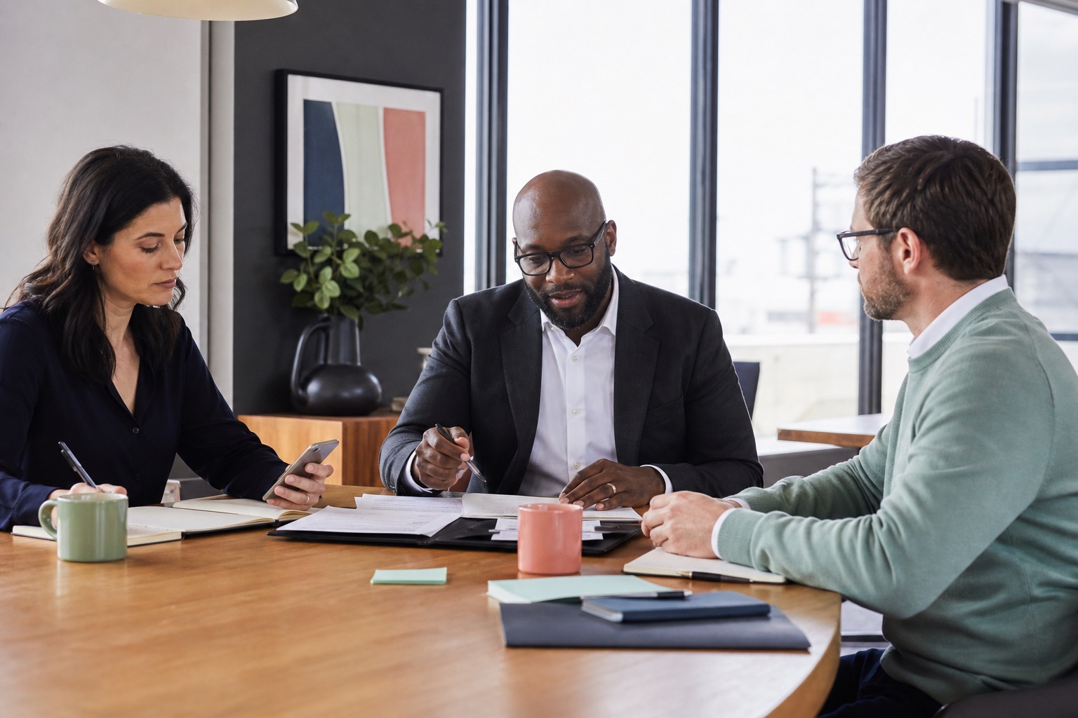 Professional advisers organizing client follow-up together after a meeting